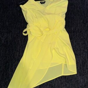 bebe Neon Yellow Asymmetrical Wrap Dress with Tie
